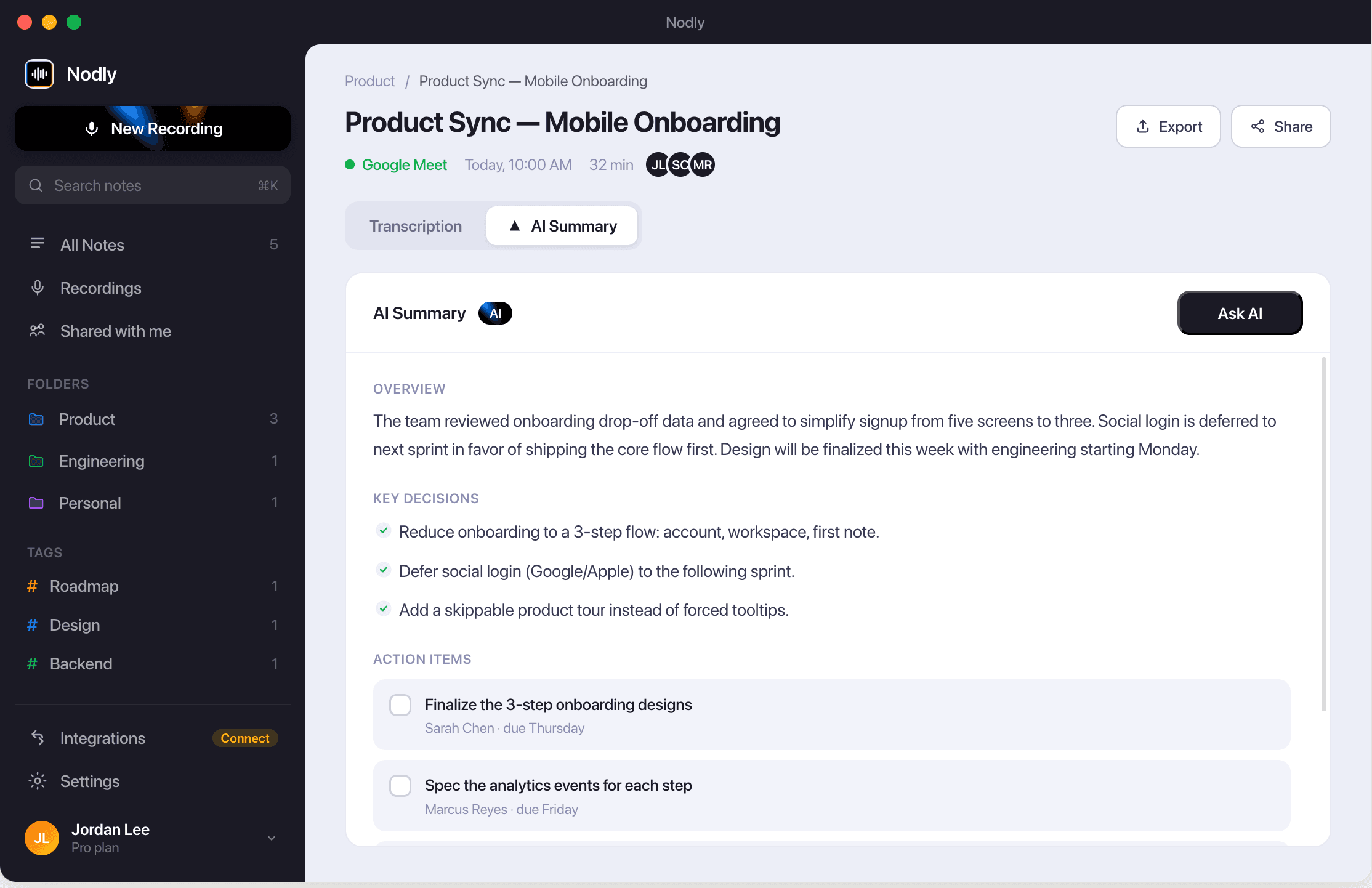 Nodly meeting summary dashboard